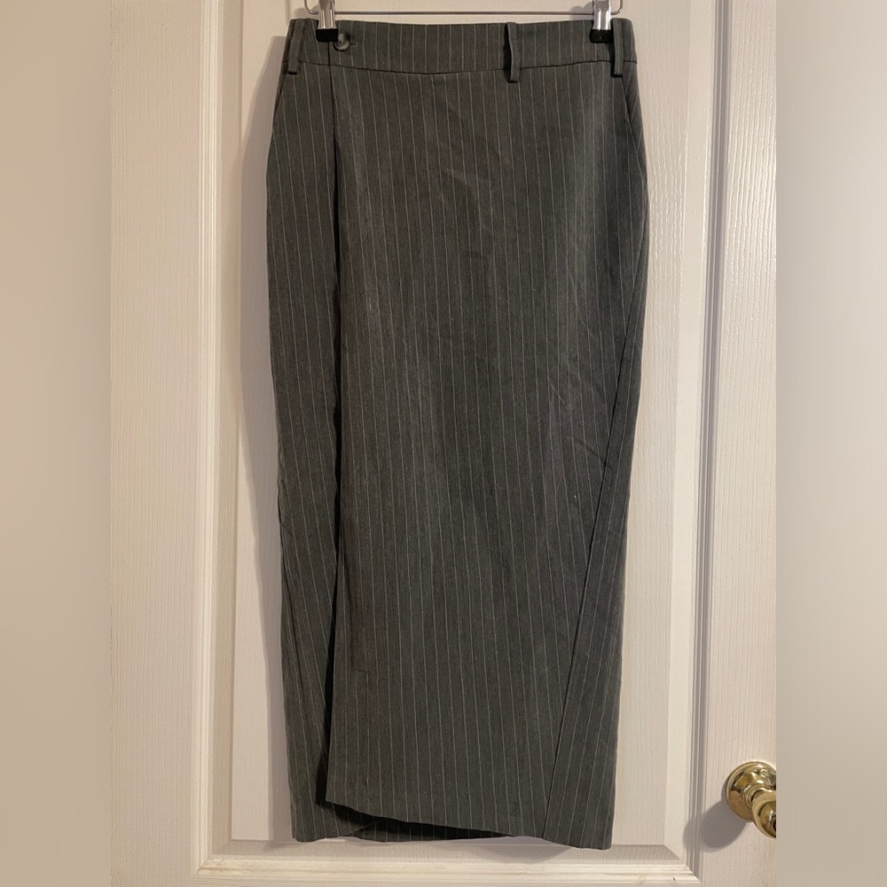 ASTR The Label Grey Pinstripe‎ Asymmetrical Wrap Midi Skirt Small NWT Academia